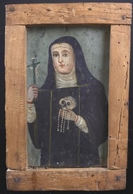 Antique Folk Art Mexican Painting Of Nun w/ Skull
