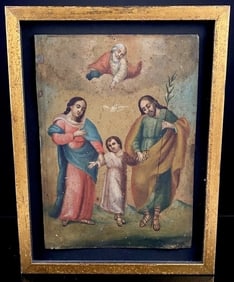 Antique Mexican Tin Folk Art Painting Of Saints