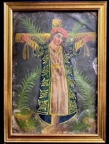 Antique Mexican Painting Of Christ Tin Catholic