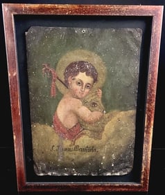 Antique Mexican Tin Folk Art Painting Christ