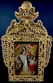 Antique Retablo Ornate Carved Frame Mother Mary