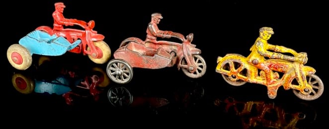 Lot of 3 Hubley Cast Iron Motorcycle Toys 1930's