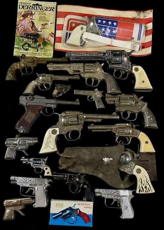 Cap Gun & Toy Gun Accessories: Collection of Various Toy Cap Guns. Largest Measures: 11" x 5" x 1"