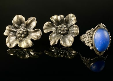 Screw Back Flower Earrings & Sterling Ring