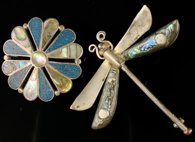 Silver & Abalone Flower & Dragonfly Brooch