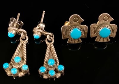 Fred Harvey Era Sterling Turquois Earring Lot Bird