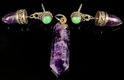 Sterling & Amethyst Post Earrings & Pendant