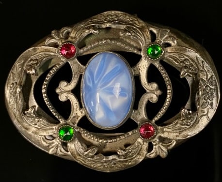 Silver & Simulated Star Sapphire Trinket Dish Top: Art nouveau Trinket box lid, Could be made into a Brooch. Measures: 2" x 1 1/2"