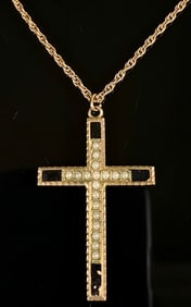 14K G.F. Seed Pearl Cross Pendant Necklace