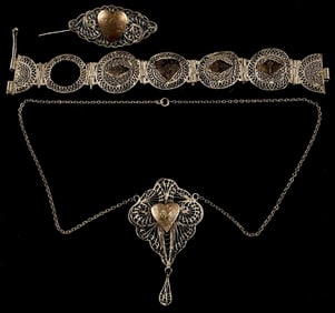Vintage Egyptian Filigree Necklace, Bracelet, Pin