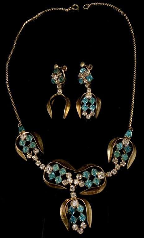 12K GF Rhinestone Dexter Necklace & Earrings: 12K GF and Rhinestone, Excellent shape, necklace measures unclasped: 16"