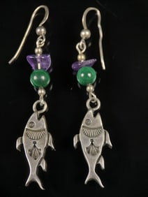 Sterling Navajo Signed Fish Earrings