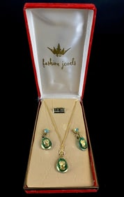 NOS 24K Border Stone Earring & Necklace Set