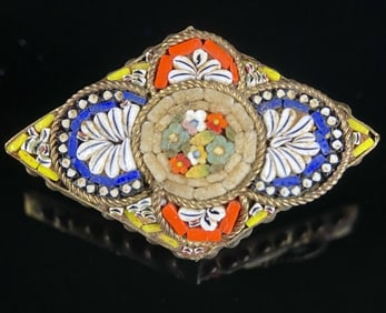 Italian Micro Mosaic Diamond Shaped Brooch