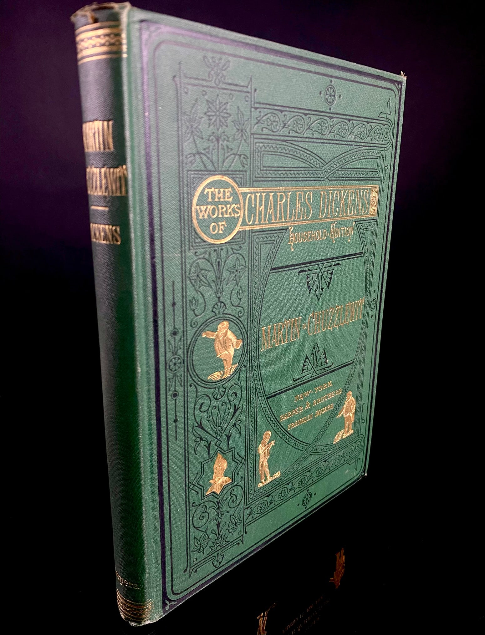 Charles Dickens, *The Life and Adventures of Martin Chuzzlewit*, Household Edition, Harper &: A volume from "The Works of Charles Dickens, Household Edition," presenting *The Life and Adventures of Martin Chuzzlewit*. This green cloth-bound hardcover book was published in New York by Harper &