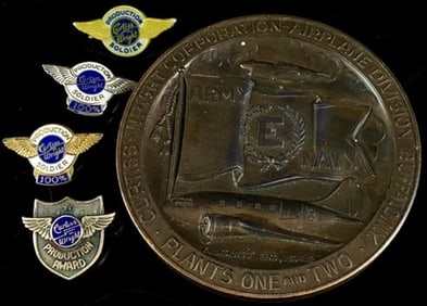 1942 Curtiss-Wright Corporation Airplane Division WWII Production Award Medallion and Four Pins
