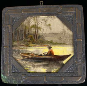 Small Arts and Crafts Patinated Metal Plaque with Landscape Scene, 'Fidelis'