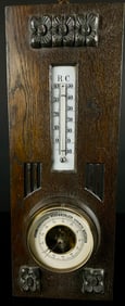 Art Nouveau Carved Oak Wall Barometer and Thermometer