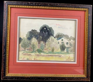 Framed Watercolor Landscape with House, Signed O. Kussul