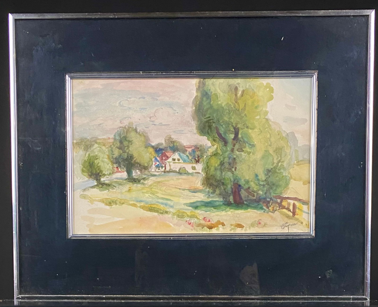 Bernard Gussow (1881-1957), 'Maine Farm', Watercolor: Bernard Gussow (American, 1881-1957), 'Maine Farm'. An impressionistic landscape watercolor depicting a farm and houses nestled among prominent trees under a cloudy sky. The work is signed 'B. Gussow'