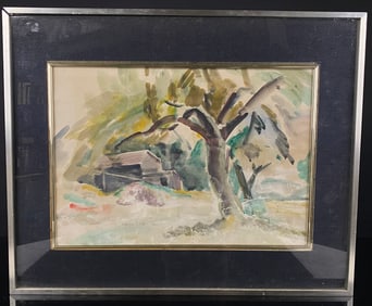Framed Original Watercolor Painting by Bernard Gussow, 'Woodstock Cabin', 1931
