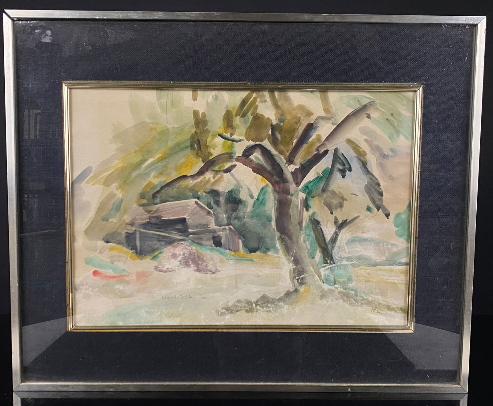 Framed Original Watercolor Painting by Bernard Gussow, 'Woodstock Cabin', 1931: An original watercolor painting by Bernard Gussow (1881-1957), titled "Woodstock Cabin" and dated 1931. The landscape artwork depicts a rustic building, likely a cabin or barn, surrounded by prominent