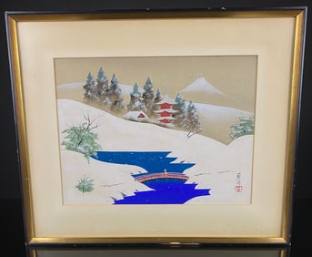 Signed 20th Century Japanese Winter Landscape Painting on Paper, Suish?«