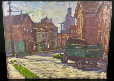 An Early 20th Century Impressionistic Urban Street Scene, Oil on Panel, Signed J. Berzevity