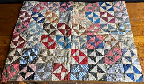 Vintage American Folk Art Hand-Tied Patchwork Quilt with Pinwheel Motif