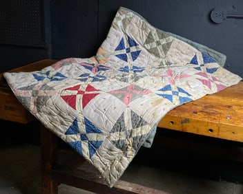 A Late 19th/Early 20th Century American Tied Patchwork Quilt, X-Block Pattern