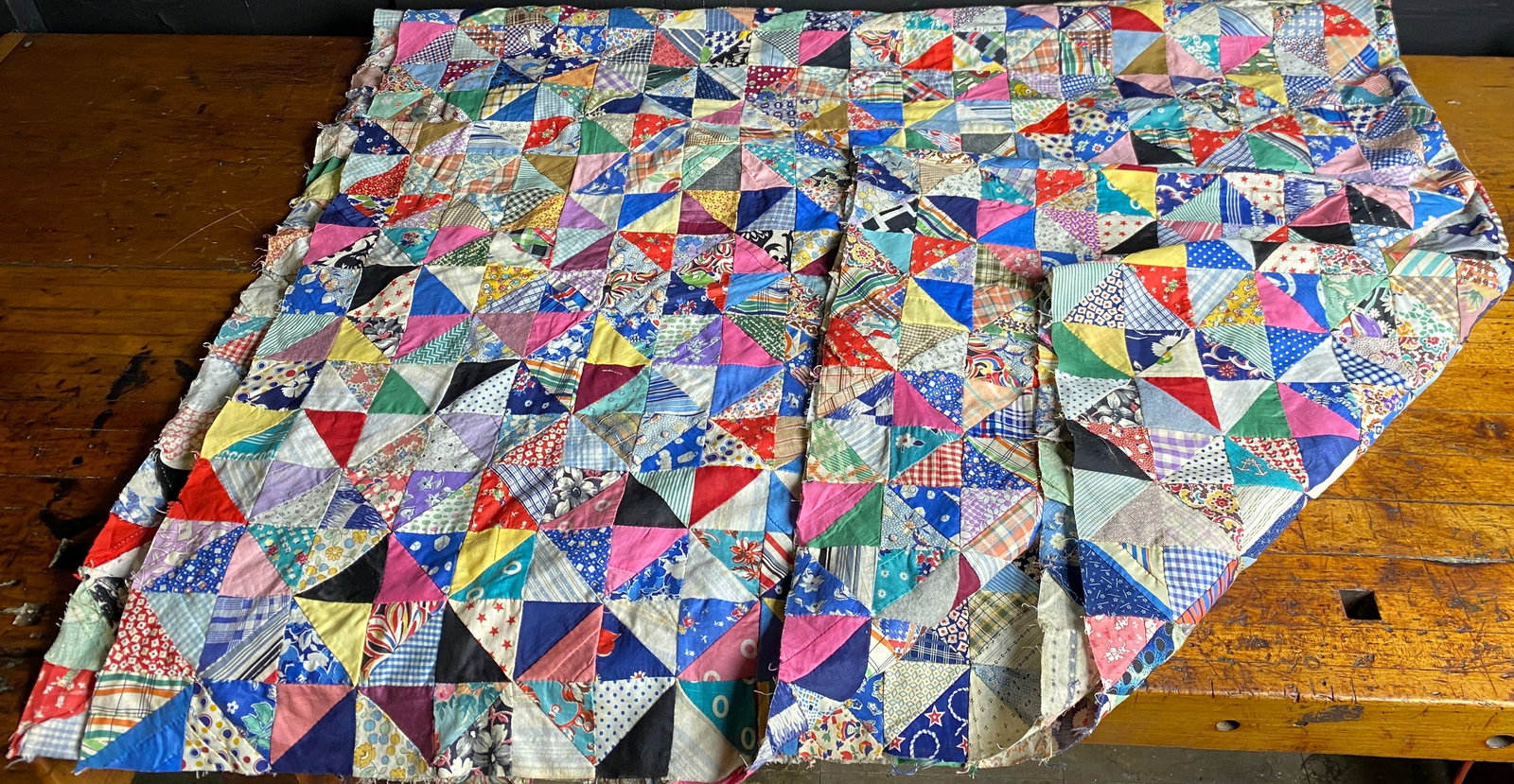 Vintage Handmade Patchwork 'Quarter Square Triangle' Quilt, circa 1960s-1970s (1 of 7)