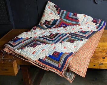 Vintage Tied Patchwork Log Cabin Quilt