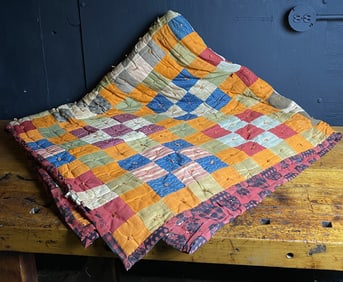 Vintage Hand-Tied Patchwork Quilt with Nine-Patch Blocks