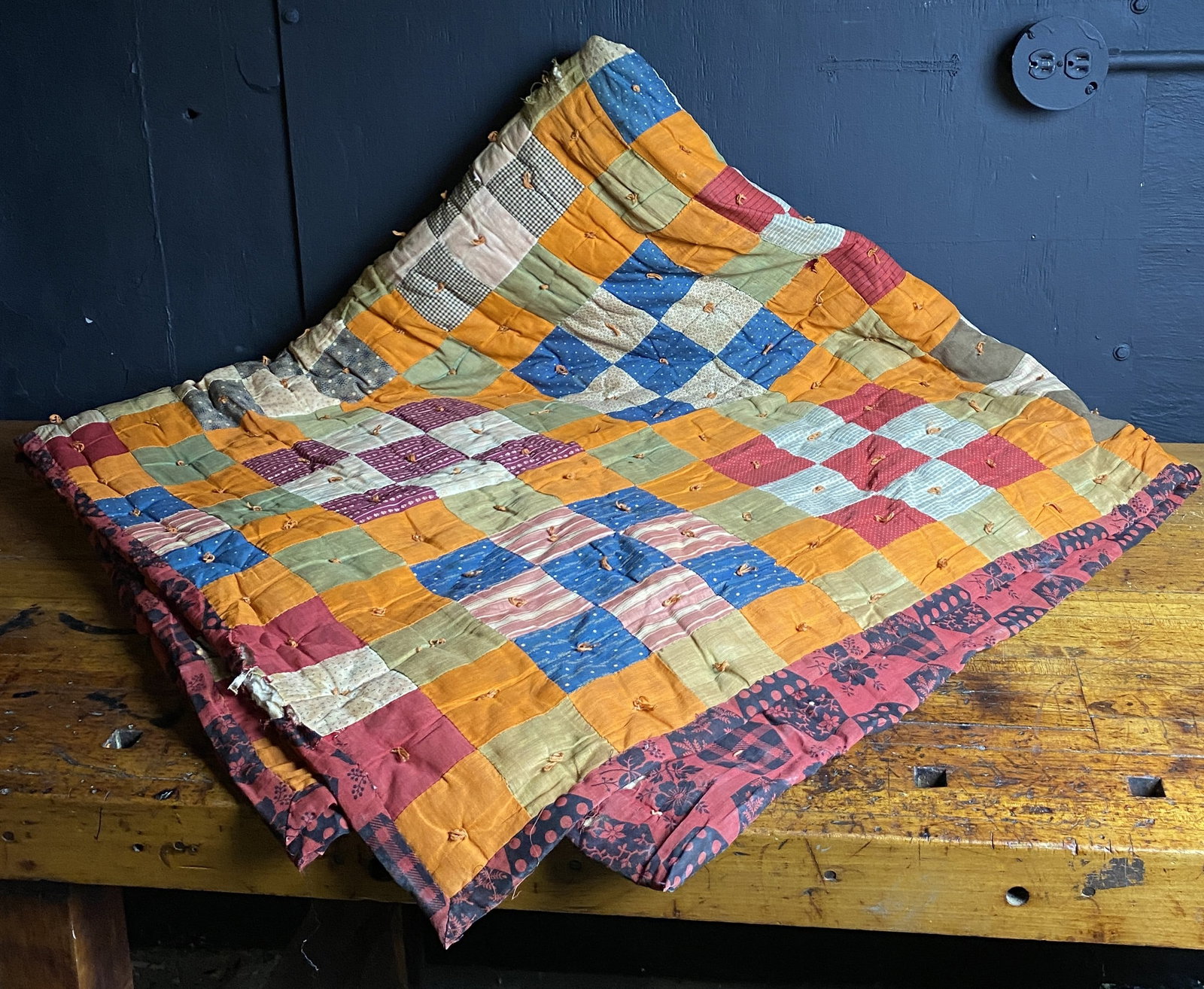 Vintage Hand-Tied Patchwork Quilt with Nine-Patch Blocks (1 of 11)