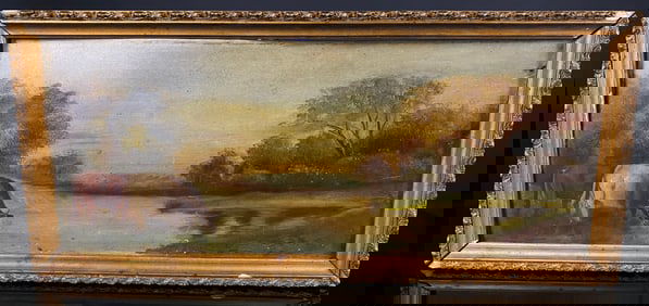 19th Century American School Oil on Academy Board Pastoral Landscape with Cows