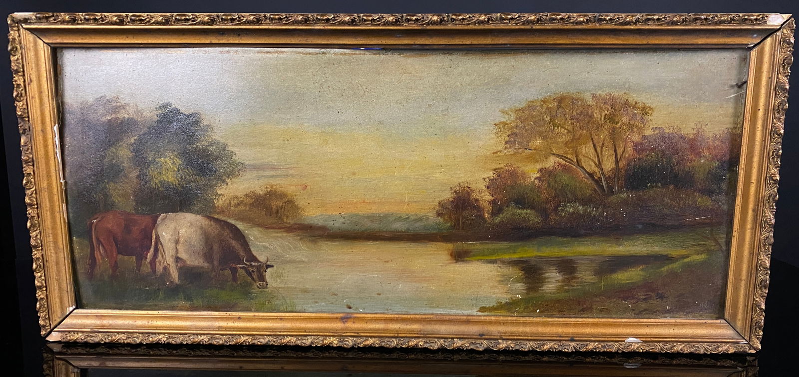 19th Century American School Oil on Academy Board Pastoral Landscape with Cows (1 of 7)