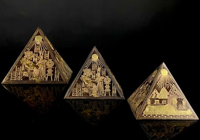 Set of Three Vintage Etched Brass Egyptian Revival Pyramids