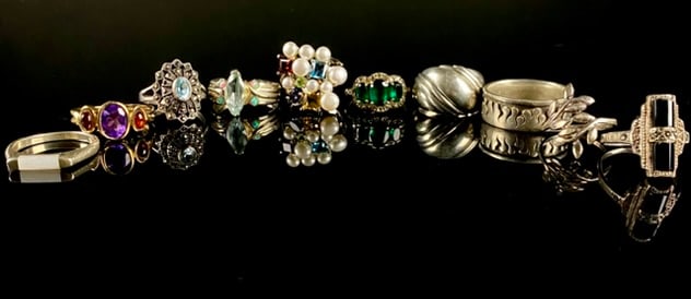 en A Collection of Ten Sterling Silver and Gold Vermeil Rings with Various Gemstones and Pearls