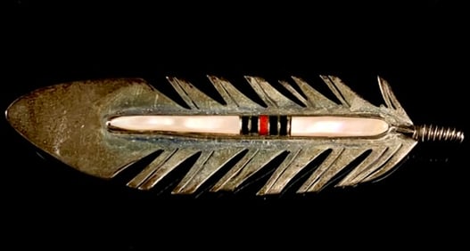 Silver-Toned Metal Feather Brooch with Mother-of-Pearl and Black & Red Inlay