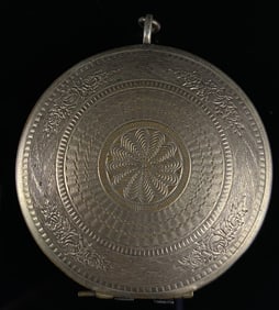 Vintage White Metal Guilloch?© and Rose Engraved Compact Mirror