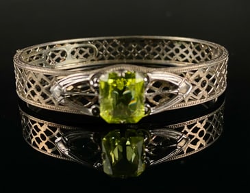 Art Deco Style Sterling Silver and Peridot Hinged Bangle Bracelet