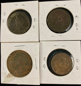 A Group of Four 19th-Century Canadian Copper Tokens and Coin