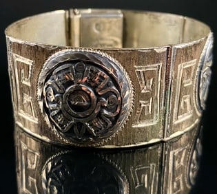 Vintage Mexican Sterling Silver Panel Bracelet, JCM Cuernavaca, Aztec-Inspired