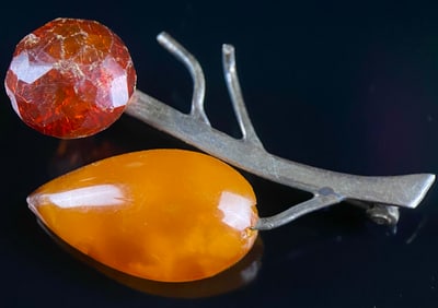 German Handmade 835 Silver Brooch with Amber-like Elements