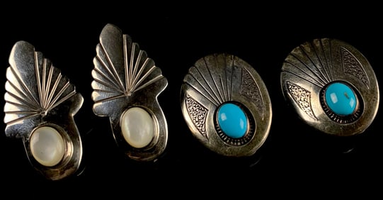 Two Pairs of Navajo Sterling Silver and Stone Clip-Back Earrings, marked JJ