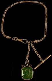 Victorian Gold Filled Albert Watch Chain with Moss Agate Intaglio Fob