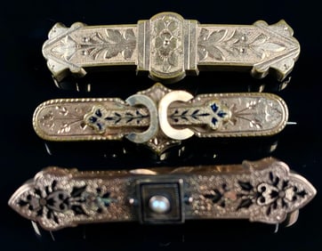 Three Victorian Gold-Filled Bar Brooches