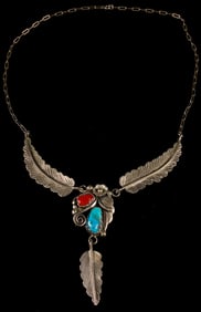 Navajo Native American Sterling Silver Turquoise and Coral Feather Necklace