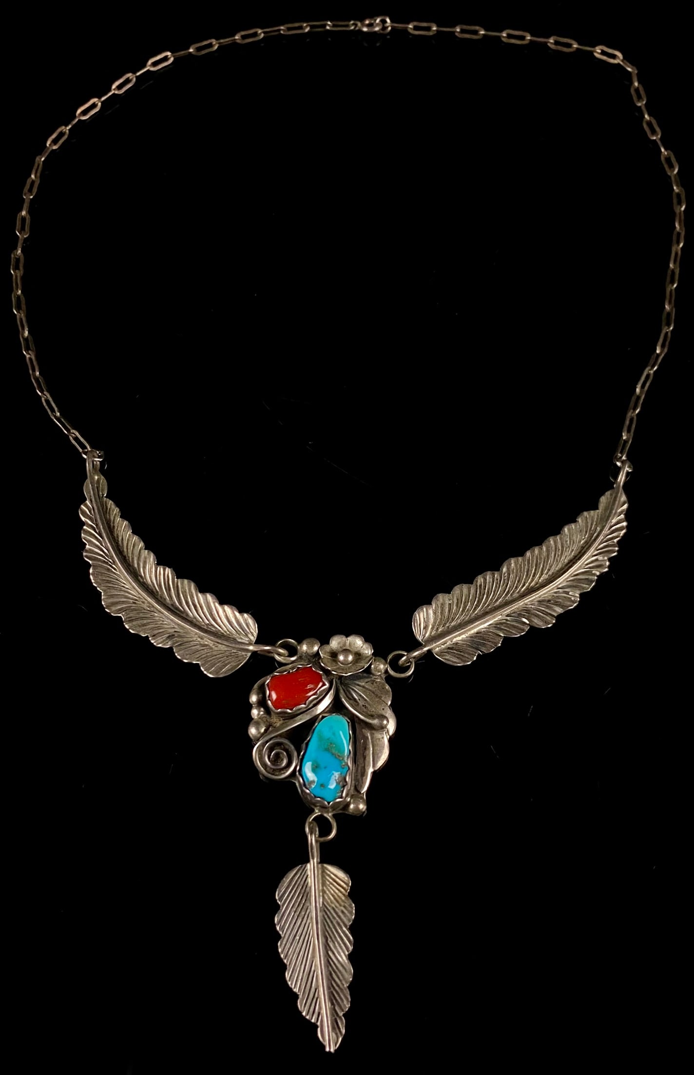 Navajo Native American Sterling Silver Turquoise and Coral Feather Necklace (1 of 6)