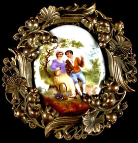 Late 19th/Early 20th Century Gilt Metal and Hand-Painted Porcelain Rococo-Style Courting Couple